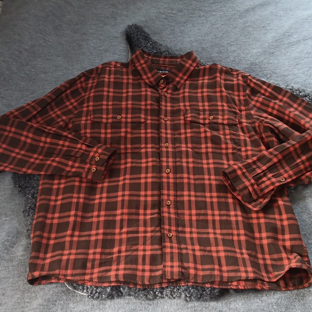 Orvis brown and orange button-up shirt